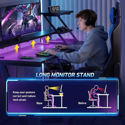 Korfile 55 Inch Black Gaming Desk with LED Lights & Power Outlet, Gaming Computer Desk with Storage Shelves, L Shaped Gamer Workstations with Monitor Stand for Bedroom