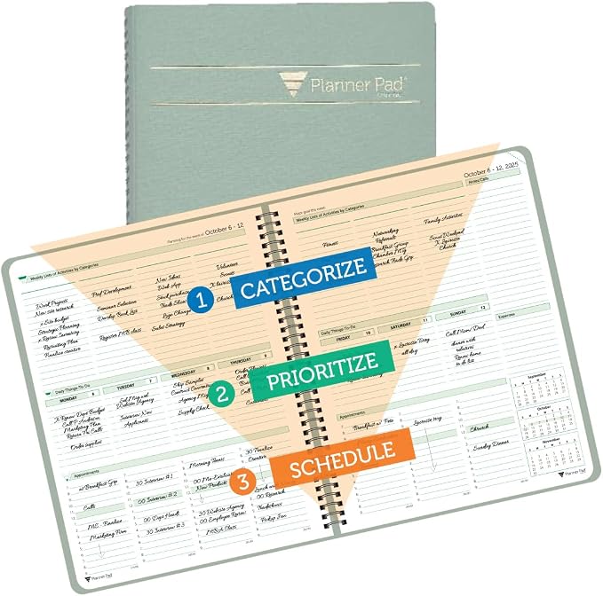 Planner Pad Spiral Bound 3-Tier Funnel Down 12 Month Organizer, October 2025 – September 2026, Greenish Grey Cover/Soft Green Ink, 8 1/2" x 11"