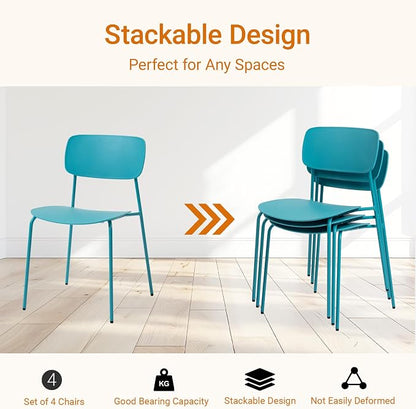 Sidanli Armless Stacking Chairs Set of 4, Office Waiting Room Chairs with Metal Legs and Ergonomic Plastic Seat, Metal Chairs Set of 4 for Conference Reception Dining Room, Blue