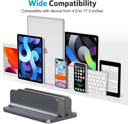 OMOTON Vertical Laptop Stand [Updated Double Version], Desktop Aluminum Mac Book Stand with Adjustable Dock Size, Fits All Mac Book, Surface, Chrome Book and Gaming Laptops (Up to 17.3 inch) (Grey)