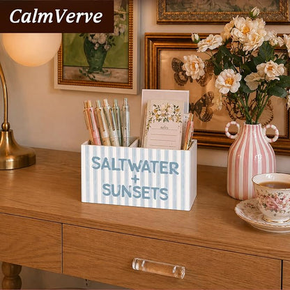 Blue Coastal Beach Pen Pencil Holder for Desk Accessories Coastal Beach Office Decor, Saltwater and Sunsets Decorative for Home Bedroom Office Desk Tabletop