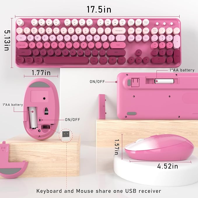 Links9+ Wireless Keyboard and Mouse, Full-Size Retro Typewriter Keyboard with Round Keycaps, 2.4GHz for Windows, Mac, Laptop, PC, Desktop (Dark Pink Gradient)