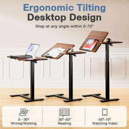 Small Standing Desk Mobile Rolling Table with Wheels Adjustable Height, Portable Laptop Computer Workstation with Tiltable Desktop for Teacher Classroom Home Office, Brown