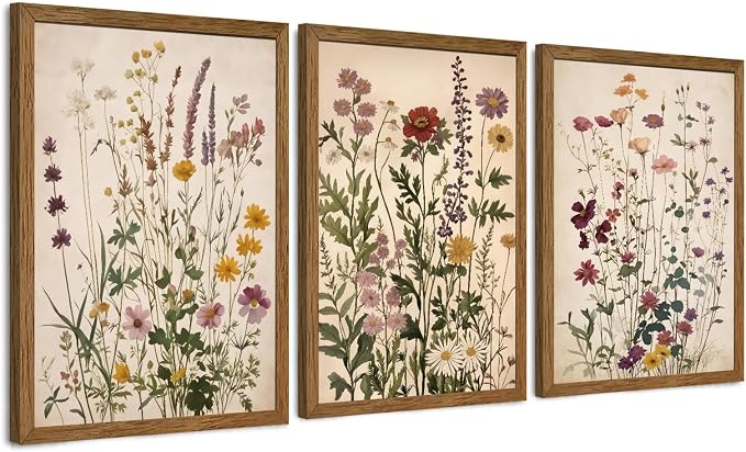 WRFON Botanical and Flower Canvas Wall Art, Framed Wildflower Wall Art Set of 3, Vintage Meadow Flower Canvas Prints, Cottagecore Floral Decor for Living Room Bedroom Bathroom Farmhouse Home, 12x16