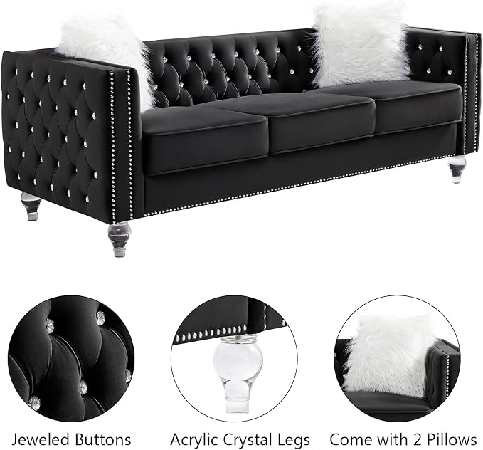 Mikibama Velvet 3 Seater Sofa Couch with Buttons and Square Arms 83.07 Inch Tufted 3-seat Sofas with Trimmed Nailhead and Acrylic Legs Modern Couches for Living Room,Bedroom (Black-crystal Legs, Sofa)
