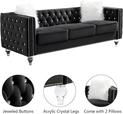 Mikibama Velvet 3 Seater Sofa Couch with Buttons and Square Arms 83.07 Inch Tufted 3-seat Sofas with Trimmed Nailhead and Acrylic Legs Modern Couches for Living Room,Bedroom (Black-crystal Legs, Sofa)