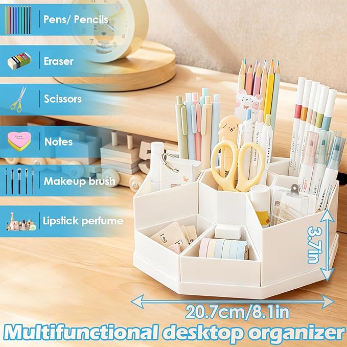 360 Degree Rotating Desk Organizer Caddy with 9 Compartments, Large Capacity Detachable Pencil Holder for Desk, Multifunctional Desktop Storage for Office, School, Home, Dressing Table, Blue