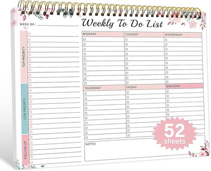Weekly To Do List Notepad with 52 Undated Sheets（8.5"×11"）- Undated Weekly Desk Planner for Women & Man, School/Office Supplies