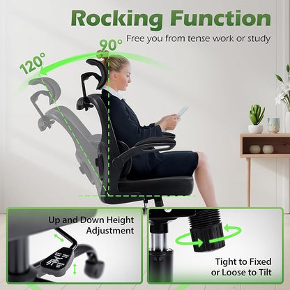 AreShark Office Chair Ergonomic Desk Chairs with Adjustable Lumbar Support& Headrest Hanger, High Back Breathable Mesh Chair with Wheels, Rolling Swivel Comfy Task Computer Chair for Home Work Gaming