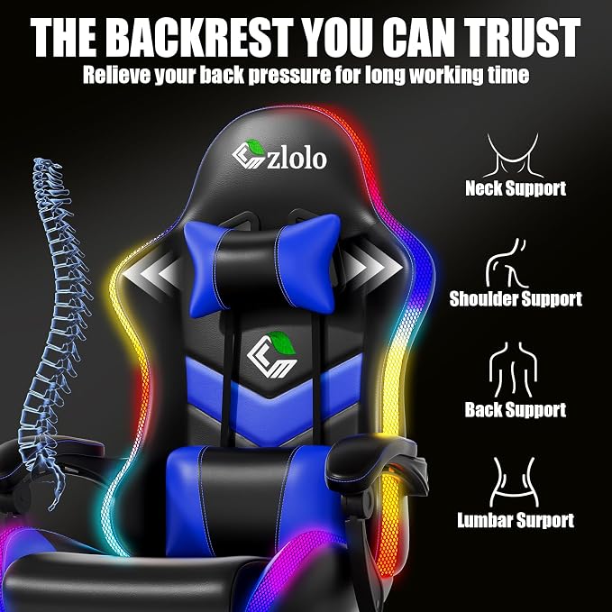 Czlolo Gaming Chair, 2026 Upgraded RGB LED Lights Computer Chair with Footrest, Lumbar Support Massager Gamer Chair, High Back, 90-135° Reclining, Linkage Armrests, Blue