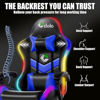 Czlolo Gaming Chair, 2026 Upgraded RGB LED Lights Computer Chair with Footrest, Lumbar Support Massager Gamer Chair, High Back, 90-135° Reclining, Linkage Armrests, Blue