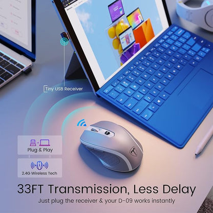 HOTWEEMS D-09 Wireless Mouse for Laptop - Ergonomic Plus Computer USB Cordless Mice, Ergo Grips, Lightspeed 5-Level 2400 DPI, 16 Months Battery Life, Portable for PC Mac Chromebook, 6 Button, Mithril