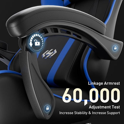 HLDIRECT Gaming Chair, Ergonomic Computer Office Chair with Lumbar Support Footrest Headrest, Adjustable Height & Backrest Angle Video Gamer Chair, PU Leather, 360° Swivel, Adult (Black&Blue)