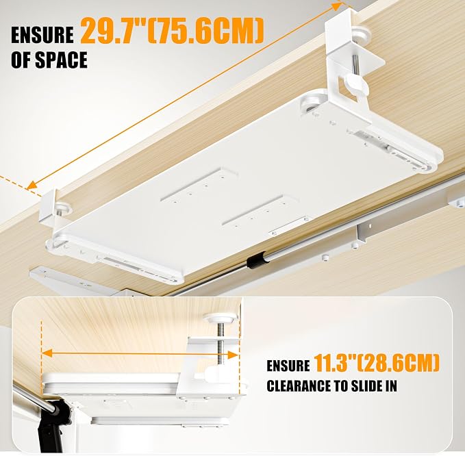 Keyboard Tray Under Desk, Pull Out Keyboard Tray with C Clamp Mount, 25.6" (29.7" Including Clamps) x 11.8" Slide-Out Platform Computer Drawer for Typing, Keyboard & Mouse Tray, White