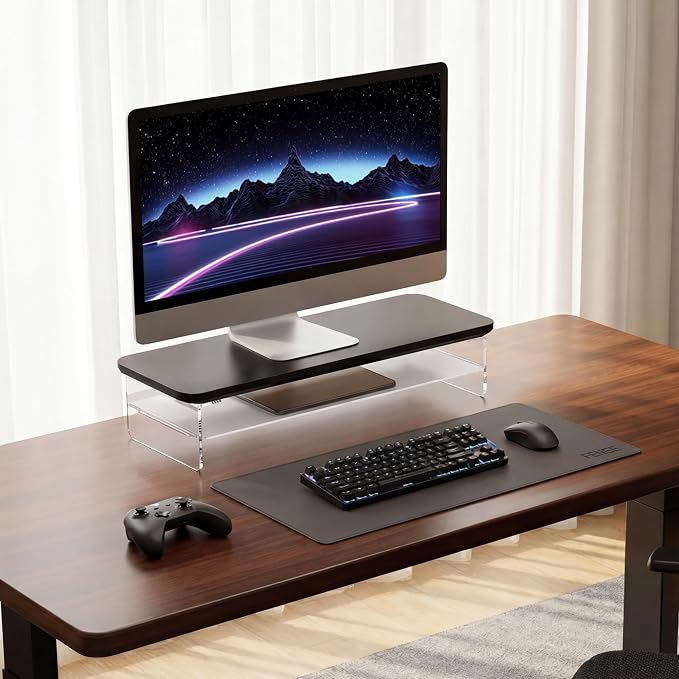 Fenge Acrylic Monitor Stand Riser, 23.6 Inches Monitor Stand with Metal Storage, 2 Tier Acrylic Computer Riser for Desk, Clear Laptop Stand for PC, Laptop, Printer, TV