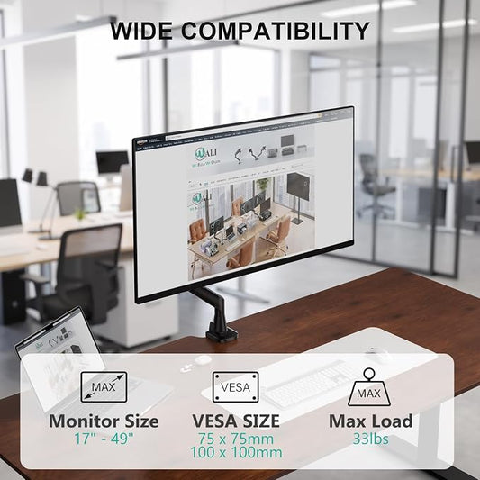 WALI Heavy Duty Single Monitor Arm for 17-49 Inch Flat Curved Ultrawide Screens, up to 33 Lbs, Adjustable Single Monitor Desk Mount for Home Office Gaming, VESA 75/100mm (GSM001XLN), Black