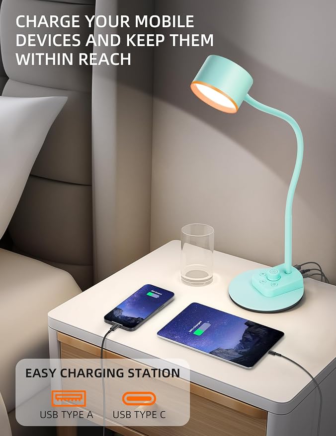 LiFMIRA Desk Lamp, Fully Dimmable Bedside Reading Lamp with USB C + A Charging Ports, 5 Colors, Simple to Operate, Eye Care Metal Table Lamp Efficient Desk Lamps for Home Office College Dorm Room