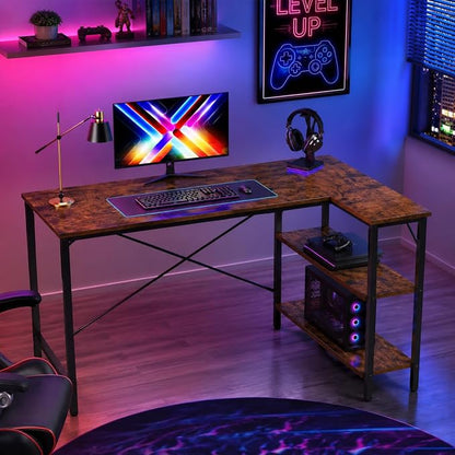 Simple Deluxe L Shaped Gaming Desk, 39 Inch Computer Desk with 2 Shelves, Corner Computer Desk for Gaming, Corner Work, Home Office, Study, Rust