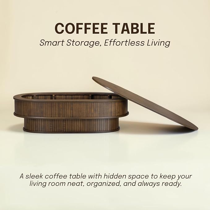 NTC Stream DOU Coffee Table, Modern Oval Wood Table with Removable Top Hidden Storage, Double-Layer Design with Vertical Groove Detail, Contemporary Center Table for Living Room, Dark Walnut