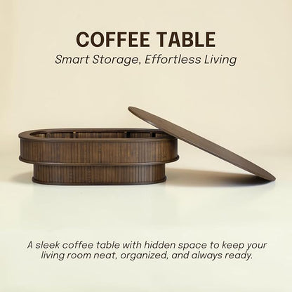 NTC Stream DOU Coffee Table, Modern Oval Wood Table with Removable Top Hidden Storage, Double-Layer Design with Vertical Groove Detail, Contemporary Center Table for Living Room, Dark Walnut