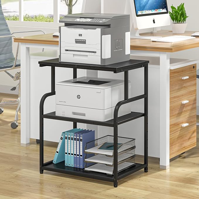 3-Tier Adjustable Large Printer Stand with Storage, Rolling Printer Cart with Lockable Wheels for Home, Office (Black)