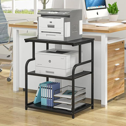 3-Tier Adjustable Large Printer Stand with Storage, Rolling Printer Cart with Lockable Wheels for Home, Office (Black)