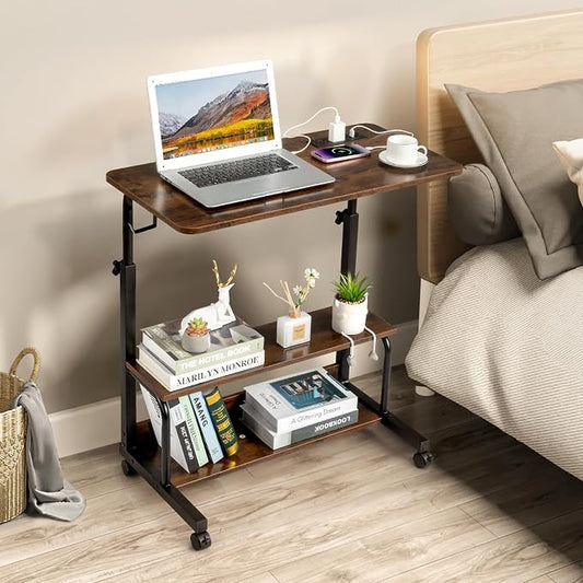 Karl home 31.5" Portable Rolling Desk on Wheels,Height Adjustable Standing Desk with 2 AC Outlets/3 USB Ports,Mobile Laptop Table with Hooks and Storage Shelves for Home Office，Rustic Brown