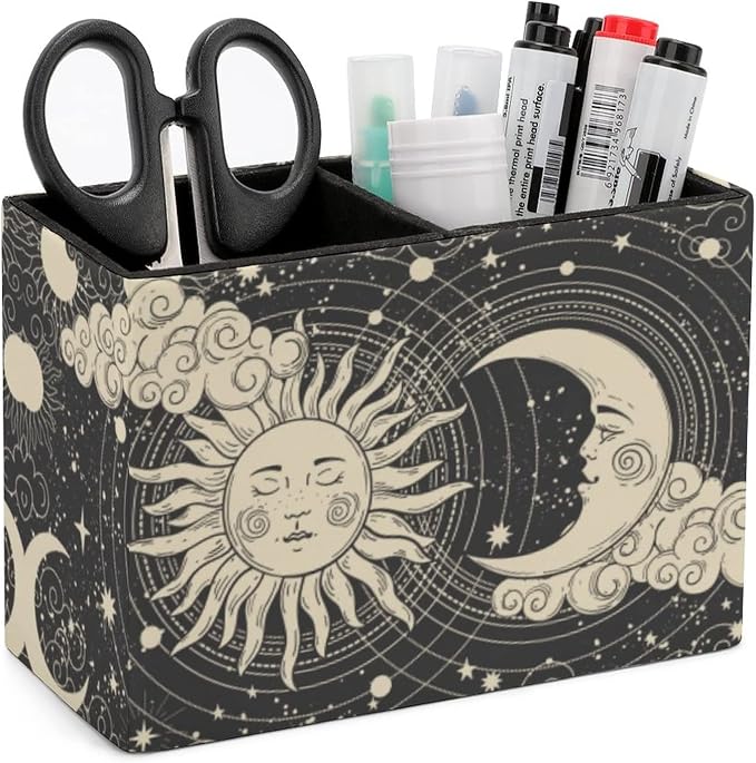 Niapessel Pencil Holder for Desk, Abstruse Astrology Sun Moon Pen Holder Storage Desktop Pen Organizer Desk Pencil Organizer Makeup Brush Holder for Office School College Leather
