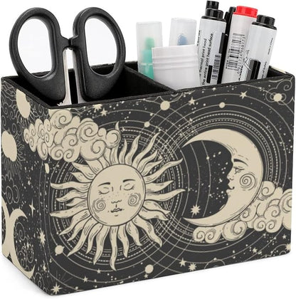 Niapessel Pencil Holder for Desk, Abstruse Astrology Sun Moon Pen Holder Storage Desktop Pen Organizer Desk Pencil Organizer Makeup Brush Holder for Office School College Leather