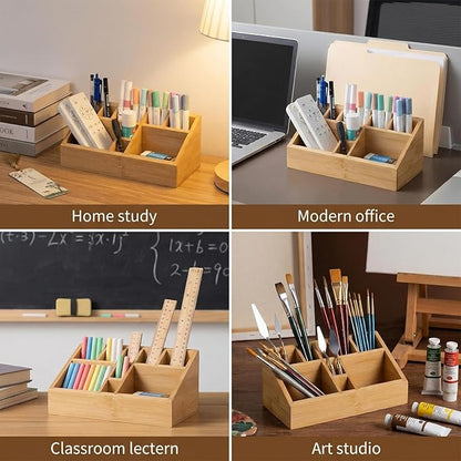 Bamboo Art Supply Organizer, Pen Holder Wooden Desktop Storage for Artists, Office Supplies, Makeup Brushes,Minimalist Desk Accessory for Home Studio, Classroom or Vanity
