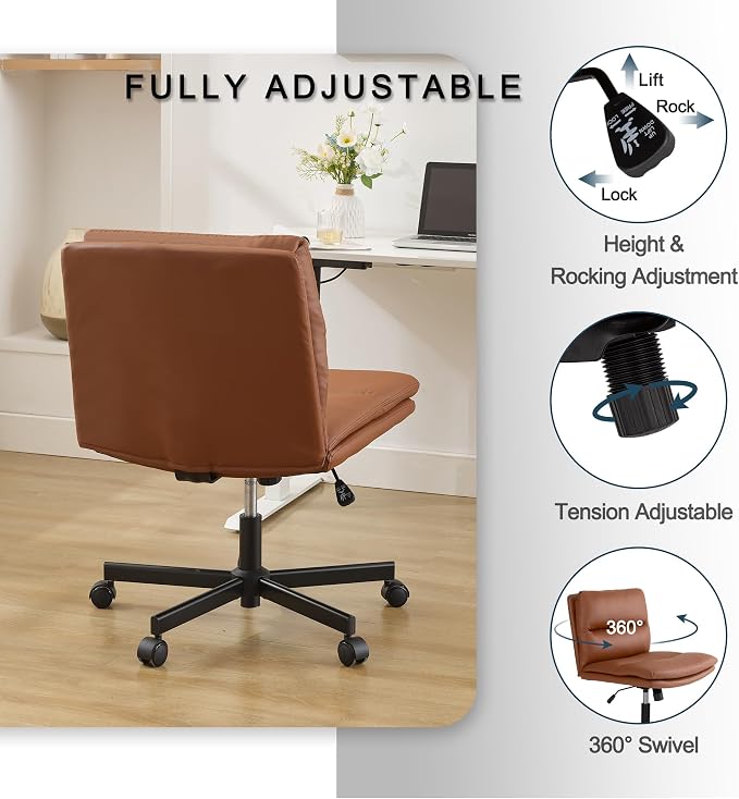 Okeysen Criss Cross Chair with Wheels,Wide Seat Cross Legged Comfy Office Desk Chair, PU Leather Armless Swivel Computer Task Chairs for Home, Office, Vanity, Brown