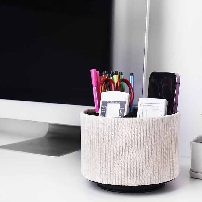 Round Leather Art Supply Organizer,Remote Control Holder,360 Degree Spinning,Multi-Functional Pencil Holder,4 Compartments Desktop Stationary Organizer(1-Wood Beige)