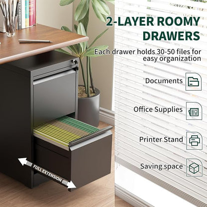 2 Drawer File Cabinet with Lock, Vertical File Cabinet with Lock, Locking File Cabinet Hanging Files for A4/ Legal/Letter, Require Assembly, White