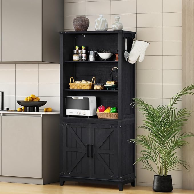 Joaxswe 70in Tall Bookshelf 5 Tier Bookcase with Barn Doors and Adjustable Shelves, Black Farmhouse Book Shelf with Storage Cabinet, Wood Freestanding Display Bookshelves for Bedroom, Living Room