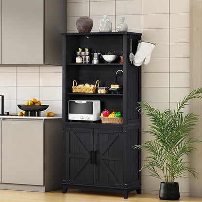 Joaxswe 70in Tall Bookshelf 5 Tier Bookcase with Barn Doors and Adjustable Shelves, Black Farmhouse Book Shelf with Storage Cabinet, Wood Freestanding Display Bookshelves for Bedroom, Kitchen (3PCS)