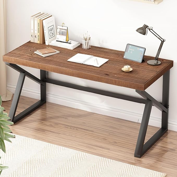 IBF Solid Real Wood 55 Inch Office Computer Desk, Rustic Writing Study Table for Student, Natural Wooden and Metal Gaming Home Office Desk, Rustic Industrial Executive Work Desk Workstation, Brown