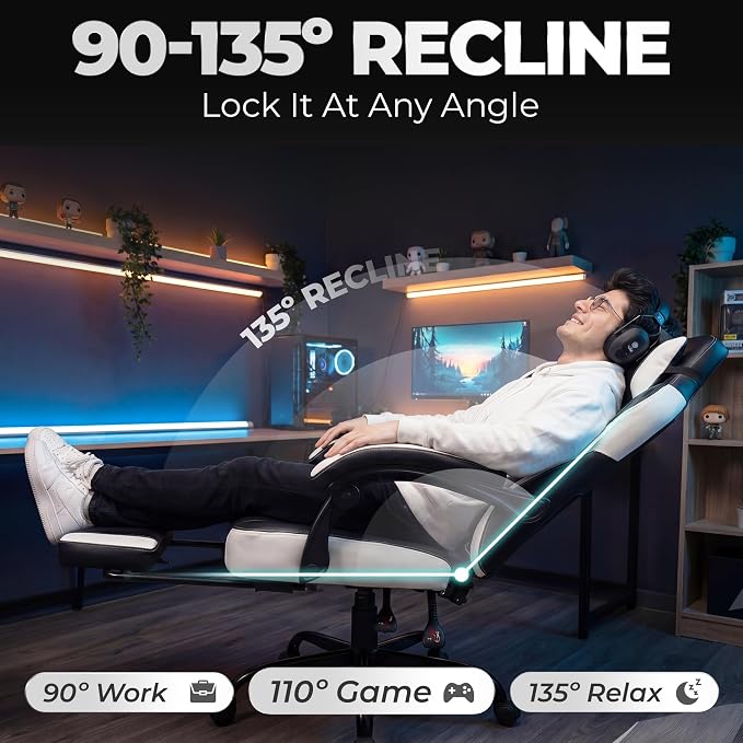 N-GEN GAMING Gaming Chair Big and Tall Computer Heavy Duty Office Desk Chair with Footrest Ergonomic Lumbar Support High Back Recliner for Adults (White)