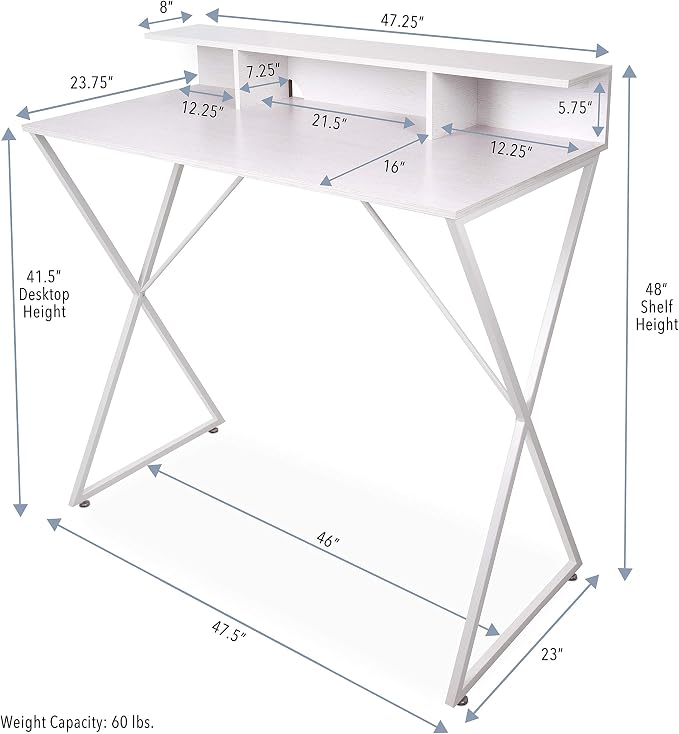 Stand Steady Joy Standing Desk | Pretty Standing Desk with Shelf & Built-in Storage Cubbies | Modern Stand Up Workstation | Tall Desk & Reception Table for Home, Dorm & Office (White / 48in x 42in)