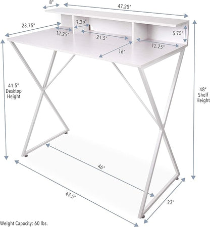 Stand Steady Joy Standing Desk | Pretty Standing Desk with Shelf & Built-in Storage Cubbies | Modern Stand Up Workstation | Tall Desk & Reception Table for Home, Dorm & Office (White / 48in x 42in)