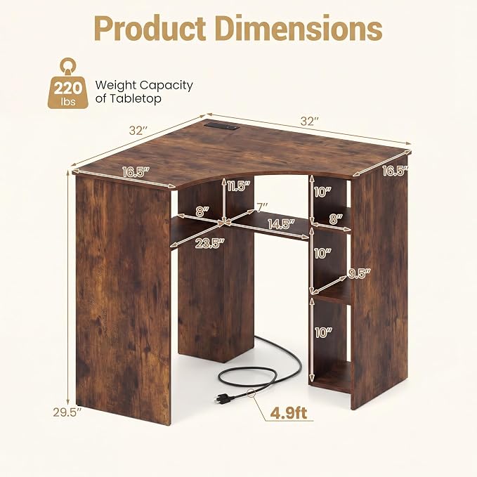 Giantex Corner Desk, Triangle Computer Desk with Charging Station, Open Storage Shelves and Curved Edge, Industrial Space Saving Writing Desk for Small Spaces, Home Office, Bedroom
