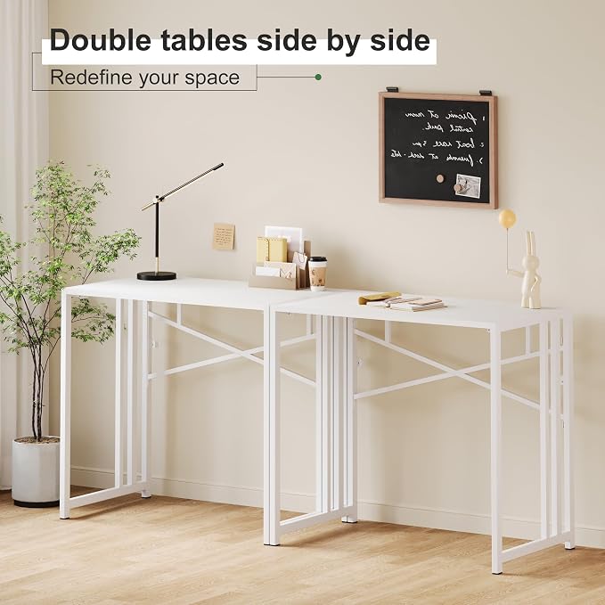 Lutown-Teen Small Folding Desk 35 inch, No Assembly Required Narrow Office Desk, Writing Gaming Computer Camping Table, White