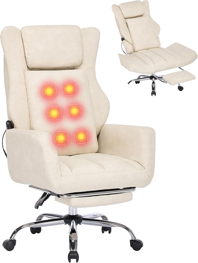 DYHOME Executive Office Chair Cross Legged Sitting with Massage and Footrest Heavy Duty Desk Chair,Swivel Ergonomic Chairs with Lumbar Support Wheels Flip-up Arms Height,Leather Beige