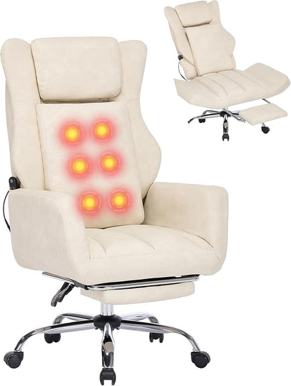 DYHOME Executive Office Chair Cross Legged Sitting with Massage and Footrest Heavy Duty Desk Chair,Swivel Ergonomic Chairs with Lumbar Support Wheels Flip-up Arms Height,Leather Beige