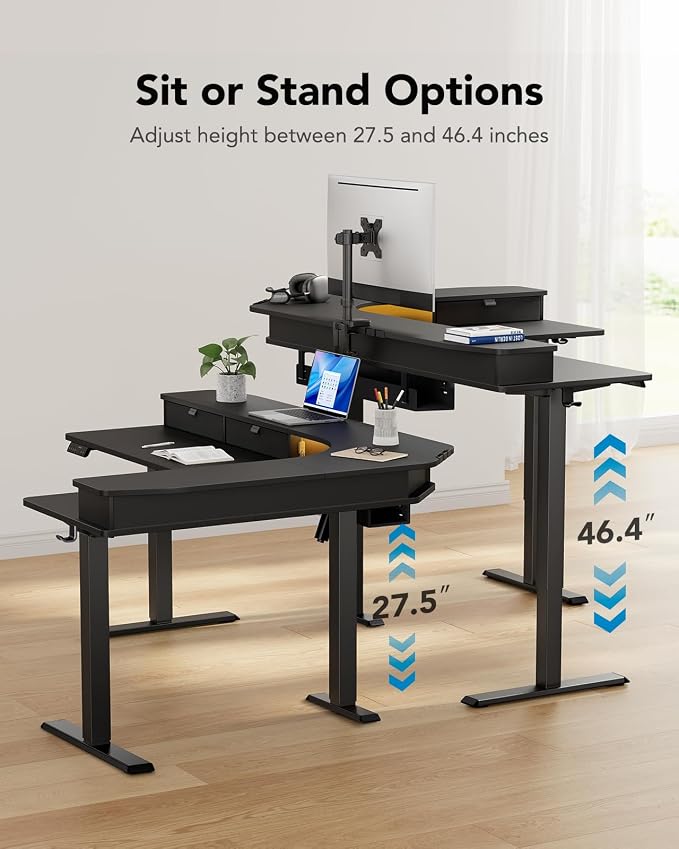HUANUO 65″ L-Shaped Standing Desk with Power Outlets & LED Strip, Electric Height Adjustable Corner Computer Desk, Sit Stand Up Desk with 3 Drawers, Black