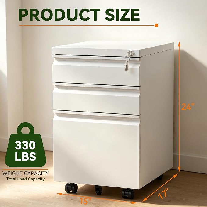 SAWJEC 3 Drawer File Cabinet with Lock, White Metal Filing Cabinet for Home Office, Fully Assembled, Vertical Locking File Cabinet with Letter Legal A4 Size Hanging Files, 15" W x 17" D x 24" H
