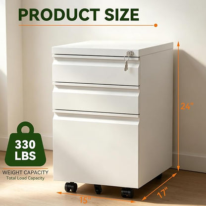 SAWJEC 3 Drawer File Cabinet with Lock, White Metal Filing Cabinet for Home Office, Fully Assembled, Vertical Locking File Cabinet with Letter Legal A4 Size Hanging Files, 15" W x 17" D x 24" H
