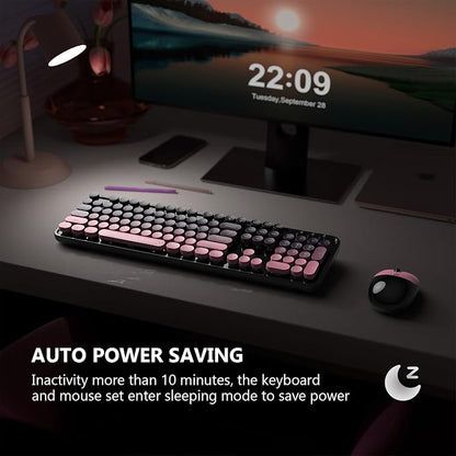 MOFII Wireless Keyboard and Mouse Combo, 2.4 GHz Full-Size Retro Round Keyboard and Mouse, Plug and Play, 8 Multimedia & Shortcut Keys for Mac, Windows, Laptop/Desktop/PC - Pink Gradient