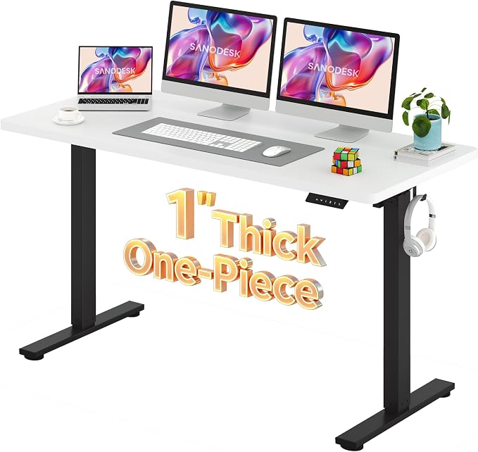SANODESK Electric Standing Desk 60 x 24 Inches Whole-Piece Desktop Height Adjustable Stand Up Desk w/6-Button Controller Ergonomic Computer Desk for Home Office, Black Frame + White Tabletop