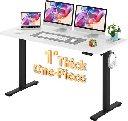 SANODESK Electric Standing Desk 60 x 24 Inches Whole-Piece Desktop Height Adjustable Stand Up Desk w/6-Button Controller Ergonomic Computer Desk for Home Office, Black Frame + White Tabletop