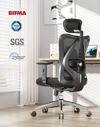 SIHOO M18 Ergonomic Office Chair, Adjustable Headrest & Lumbar Support, High Back Mesh Desk Chair, Height Adjustable Armrests, Swivel Computer Chair for Home Office, Deep Black